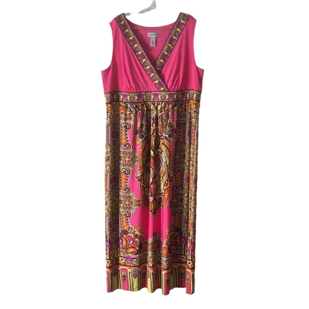 Catherines Women's Maxi Dress Plus 1X Pink Floral Boho Paisley V-Neck Stretch